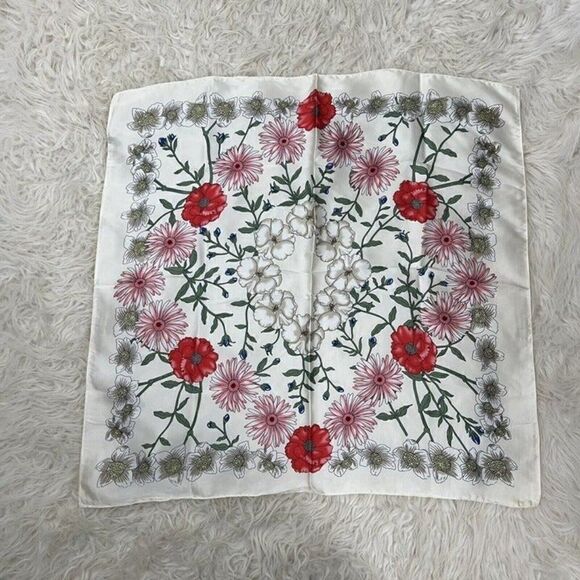 Bohemian Floral White Silk Like Satin large Square Scarf Women Shawl Head wrap - Picture 1 of 10